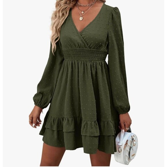 Rooscier Wrap V Neck Swiss Dots Long Sleeve Dress Olive Green Size XL New - Picture 1 of 7